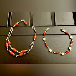 Lot of 2: gold tone and coral beaded bracelets